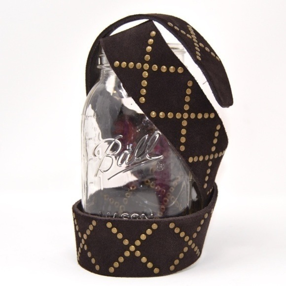 Rich Brown Soft Leather Bronze Stud Belt with Square Gold Tone Buckle - Picture 4 of 7